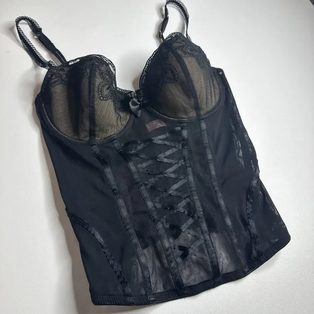 Vintage Victoria’s Secret Very Sexy Black Lace Bra Corset Bustier Underwire 36C